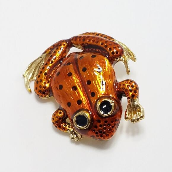 Vintage Rusty Orange Enamel Frog Brooch, Gold Tone, 1980s, 1 3/4 Inches - Picture 2 of 10